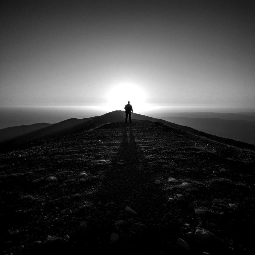 Silhouette of a lone first responder standing on a mountain ridge at sunrise.