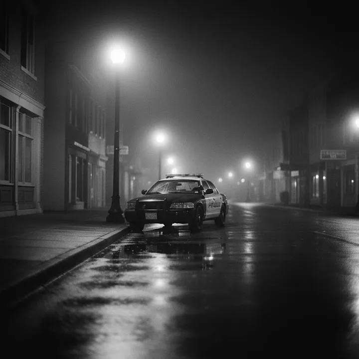 Blurred police car lights on a dark rainy street symbolizing resilience and empathy in policing
